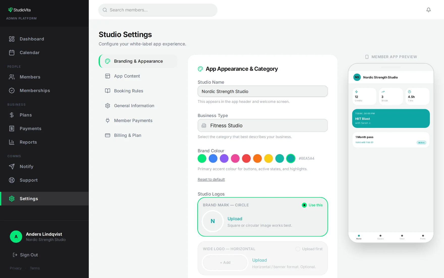 StudioVita admin branding and live preview