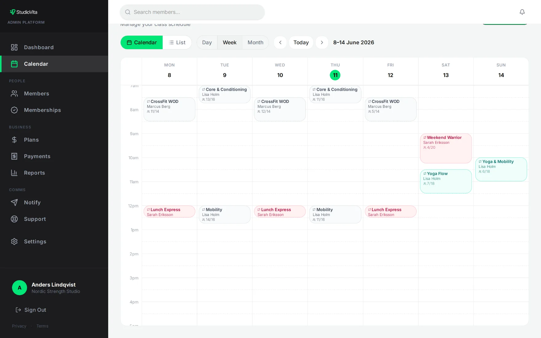 StudioVita admin class calendar