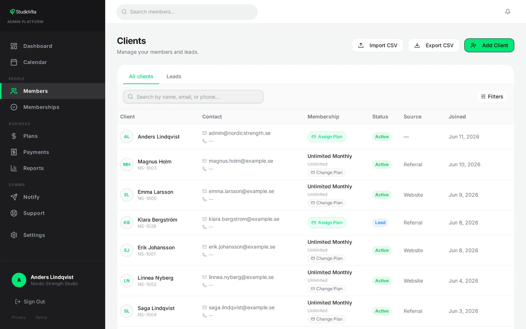 StudioVita admin members management