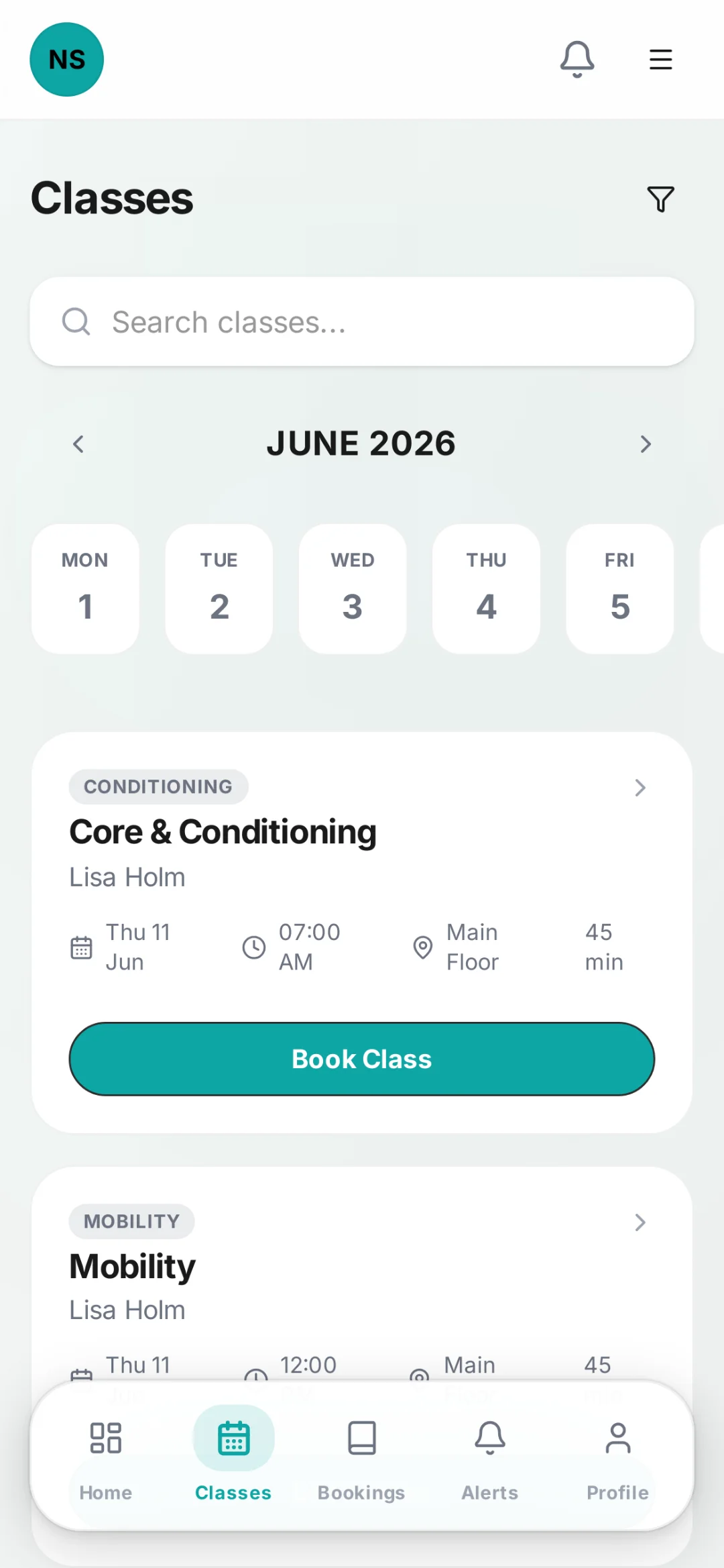 Member app class schedule